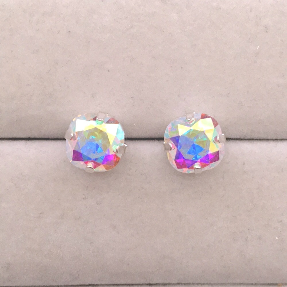 Aurora Borealis + Silver Cushion Cut Crystal Earrings - Picture 3 of 7